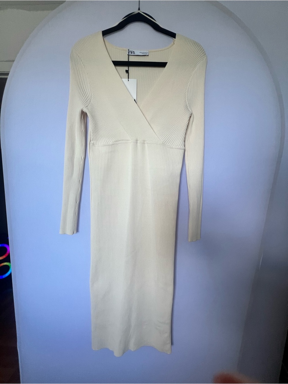Zara Cream Ribbed Wrap-Style Long Sleeve Midi Dress